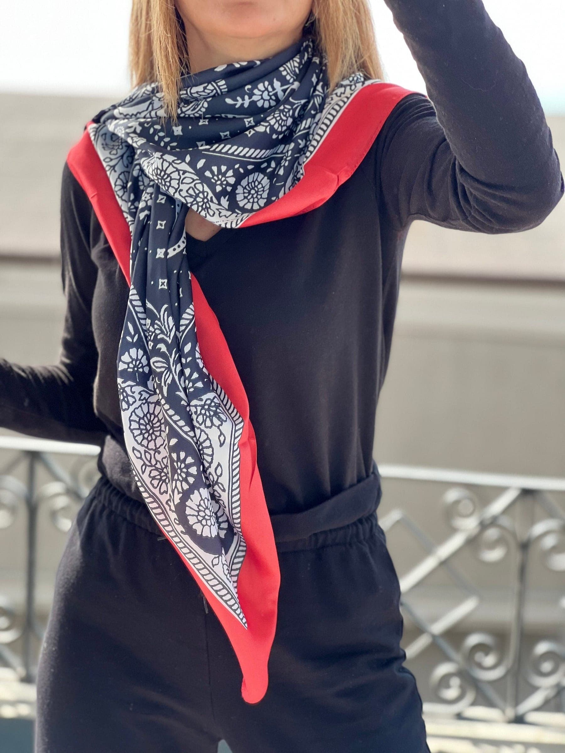 Red Black White Silk Satin Scarf - Versatile Large Neck Scarf for Women