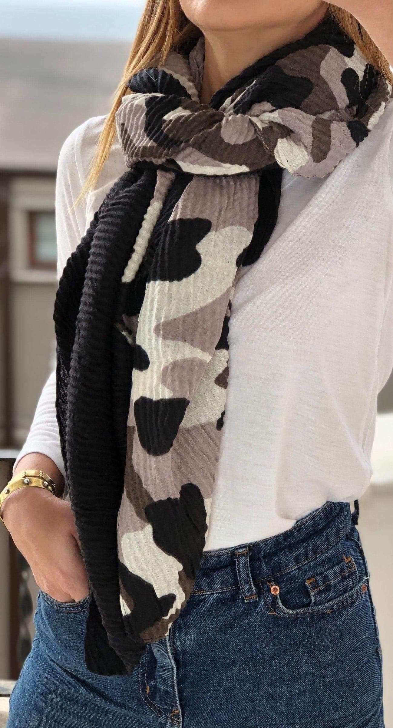Dark Camouflage Cotton Scarf - Grey Black White Rectangle Scarf for Women - Perfect Gift for Special Occasions
