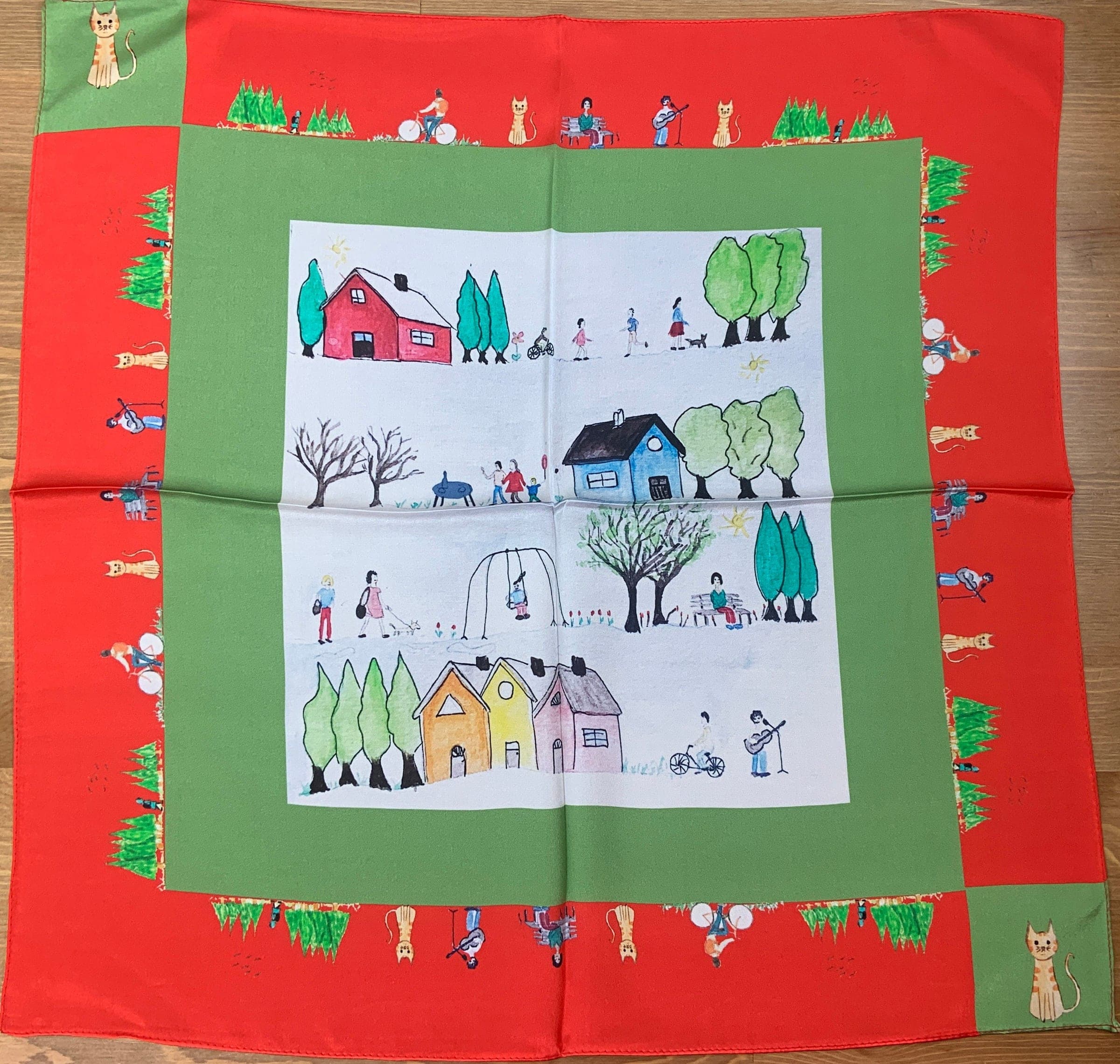 Hand Painted 1% Silk Scarf with Colorful Happy Town Design - Perfect Women's Gift!