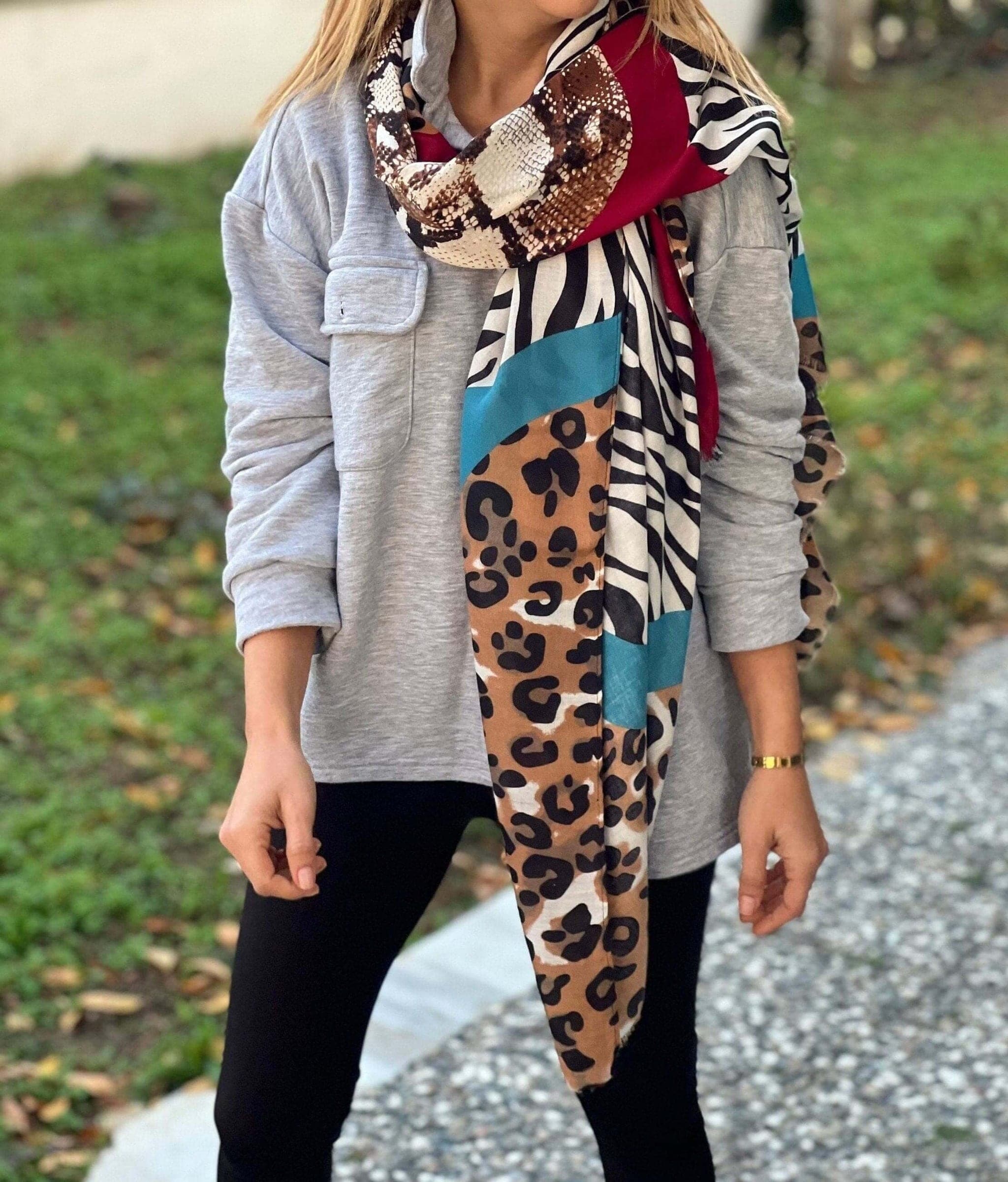 Cotton Animal Print Scarf with Softly Frayed Edges - All Season Rectangle Scarf, Wild Life Pattern Scarf - Leopard Zebra Snake Pattern