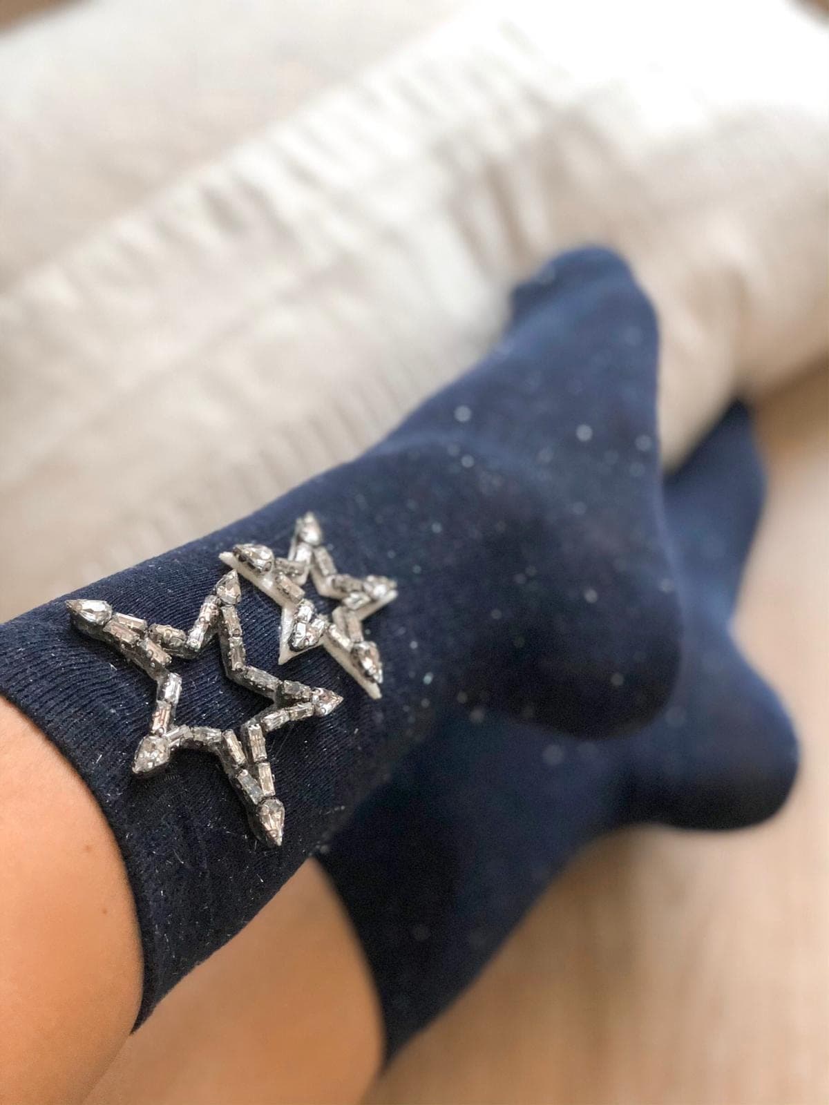 Handmade Blue Cotton Socks with 2 Star-Shaped Patches, Embellished with Sparkling Rhinestones, Perfect for Special Occasions