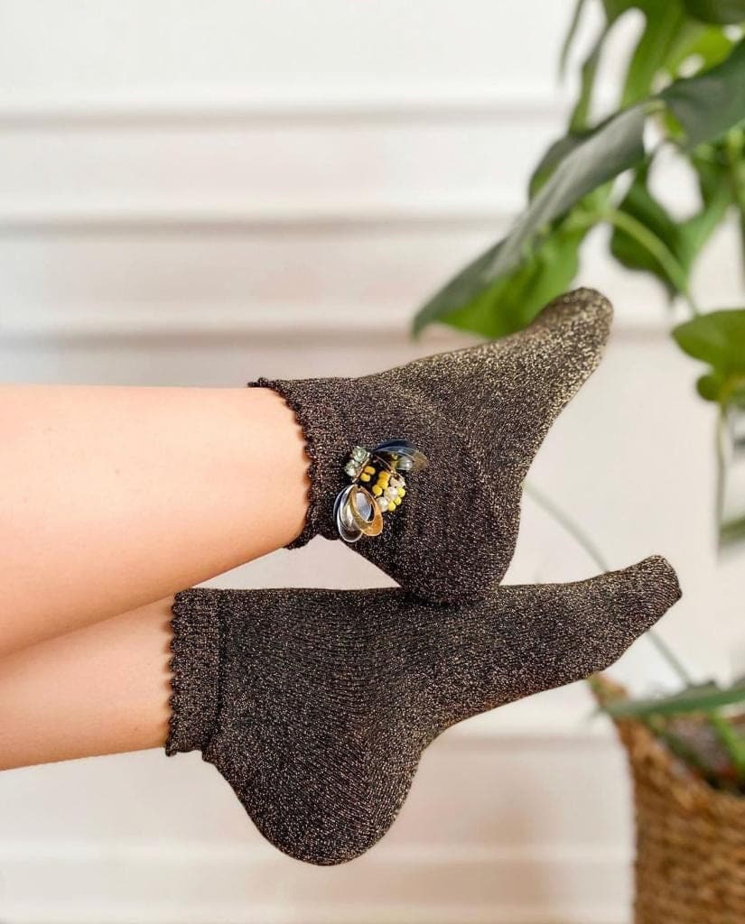 Gold & Black Bee Cotton Socks - Handmade Mesh with Sparkle Stones