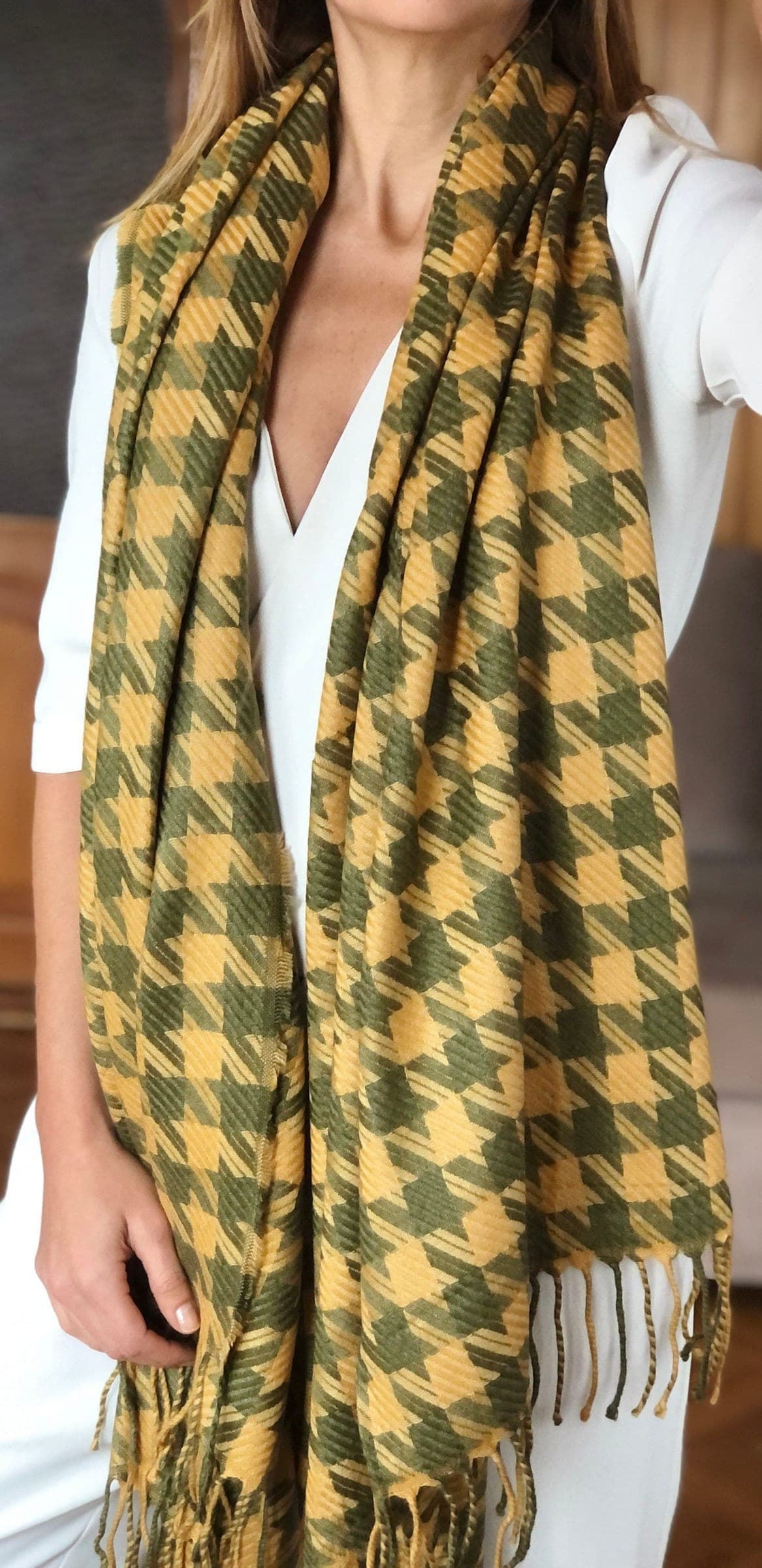 Long Wool Acrylic Cotton Pattern Shawl in Yellow Khaki Green - Travel in Style with this Warm Scarf for Women
