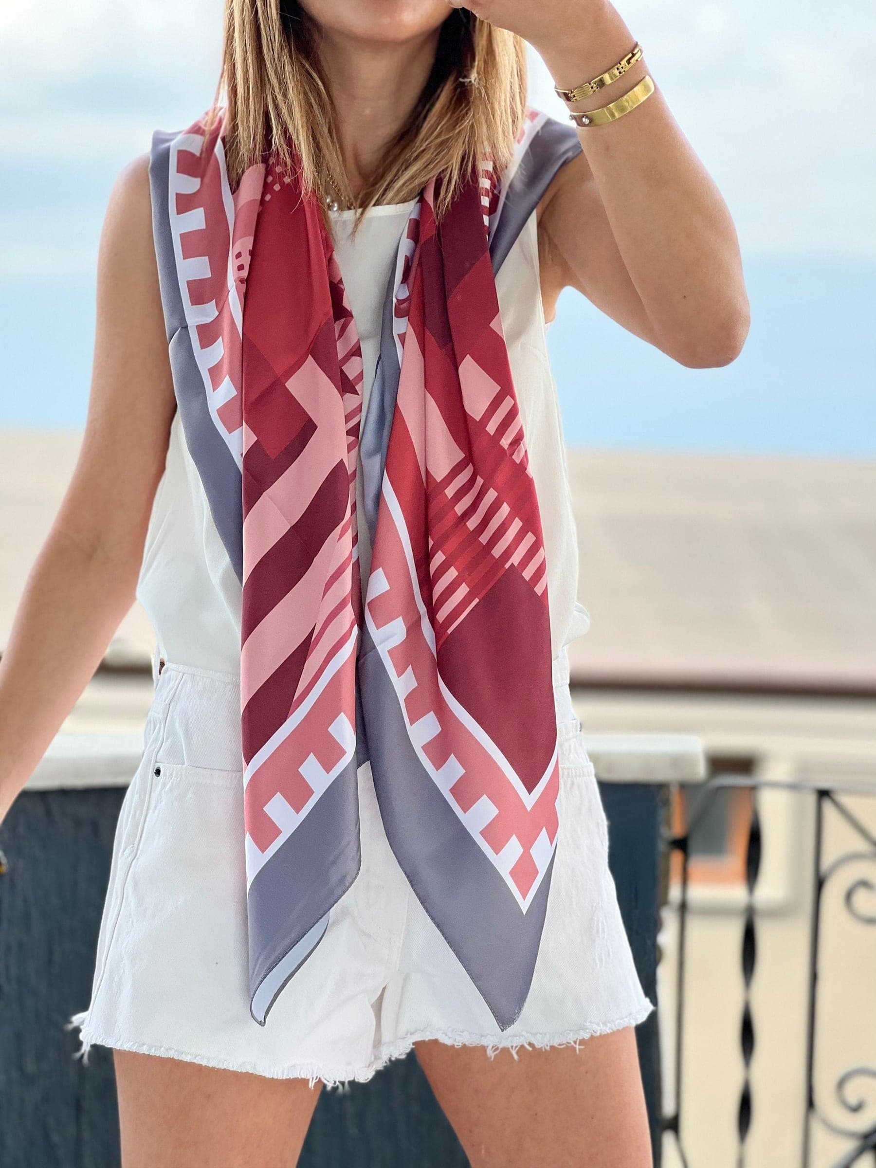 Grey, Red, Pink Silk Satin Scarf - Luxurious Summer Accessory for Women