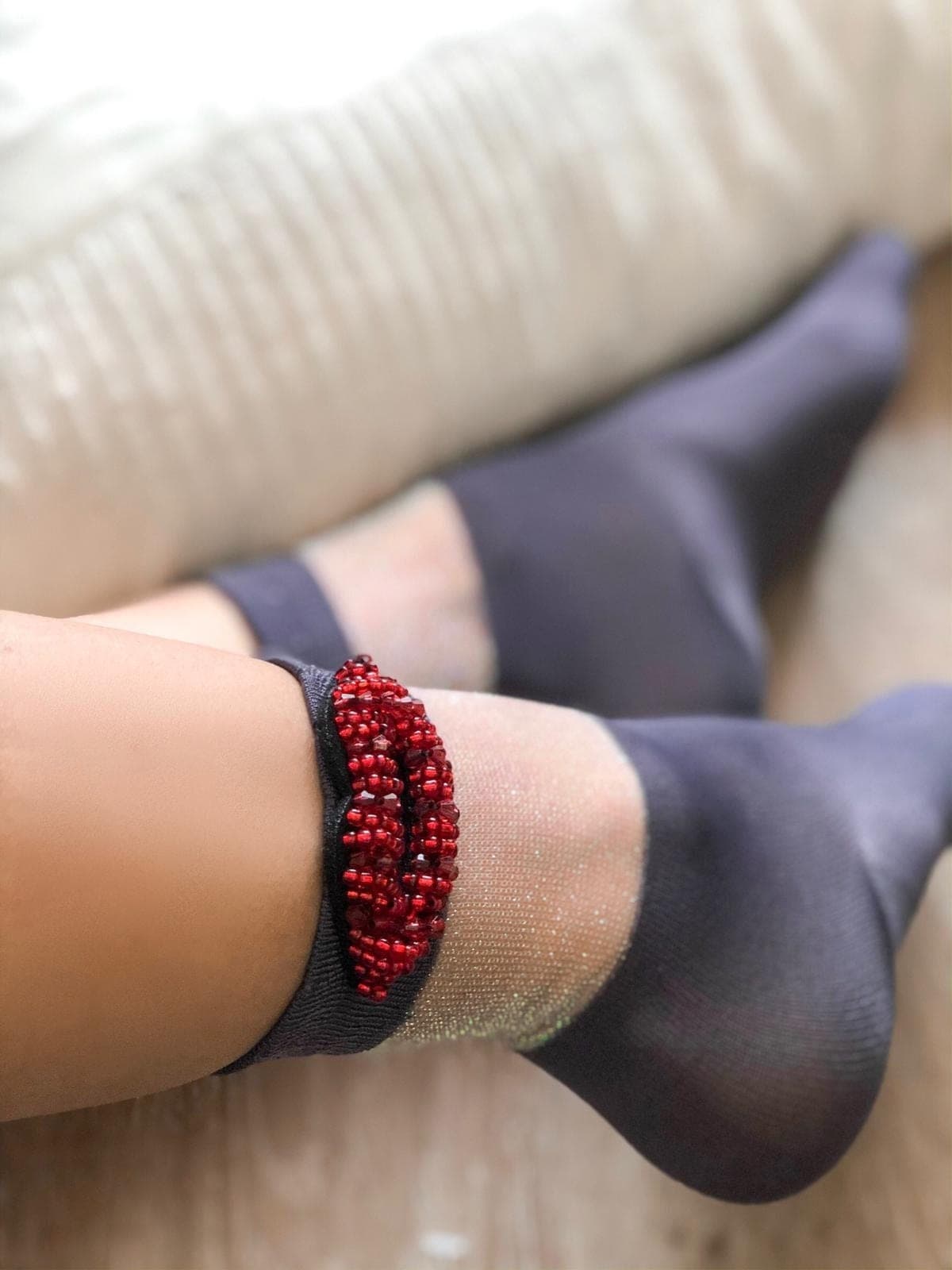 Gray Knitted and Silver Tulle Socks with Red Lip Shaped Patches and Red Stones - Handmade Gift for Girls
