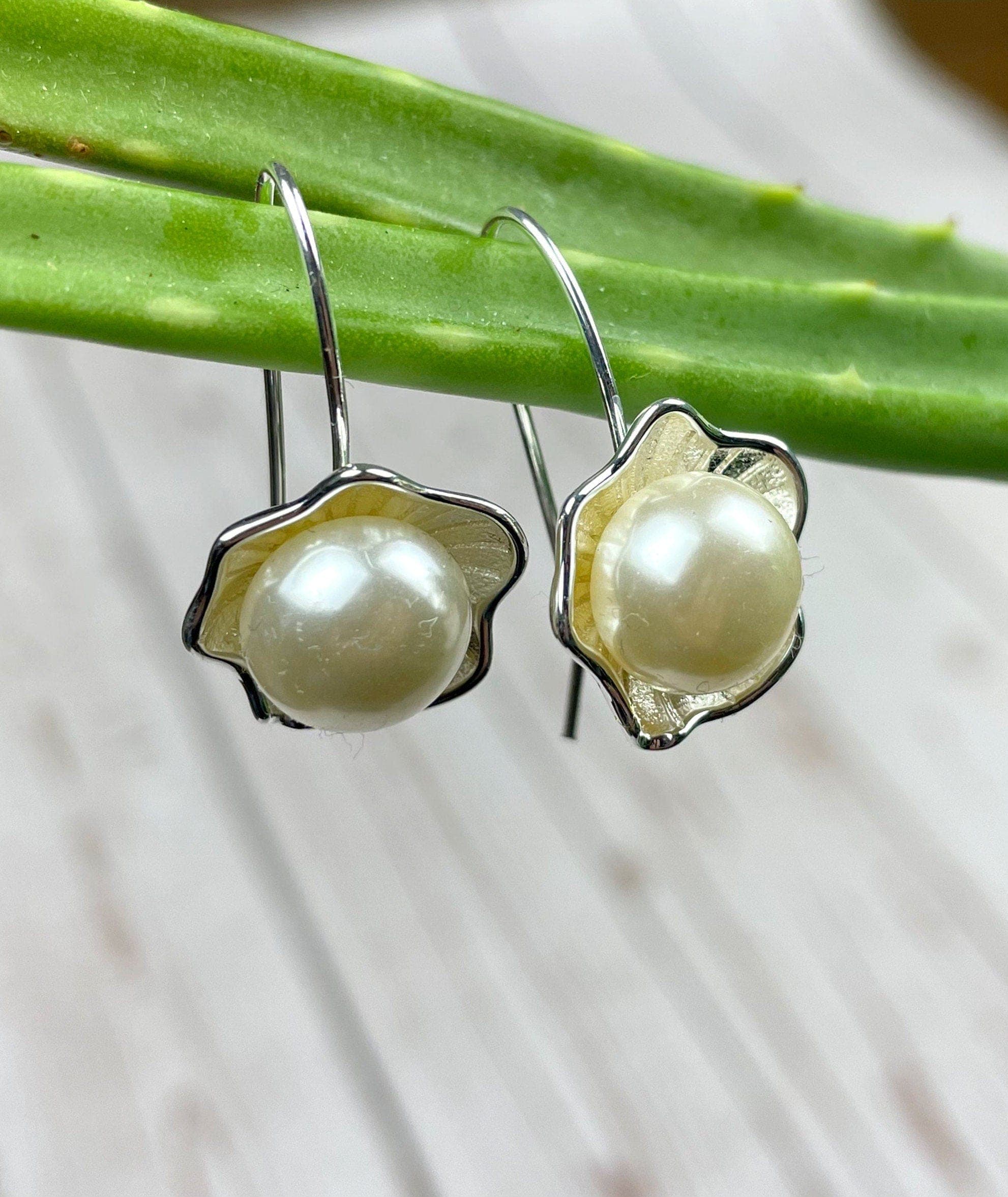 Elegant Sterling Silver Pearl Flower Earrings - Handcrafted Wire-Wrapped Dangle Drops for a Minimalist Floral Touch