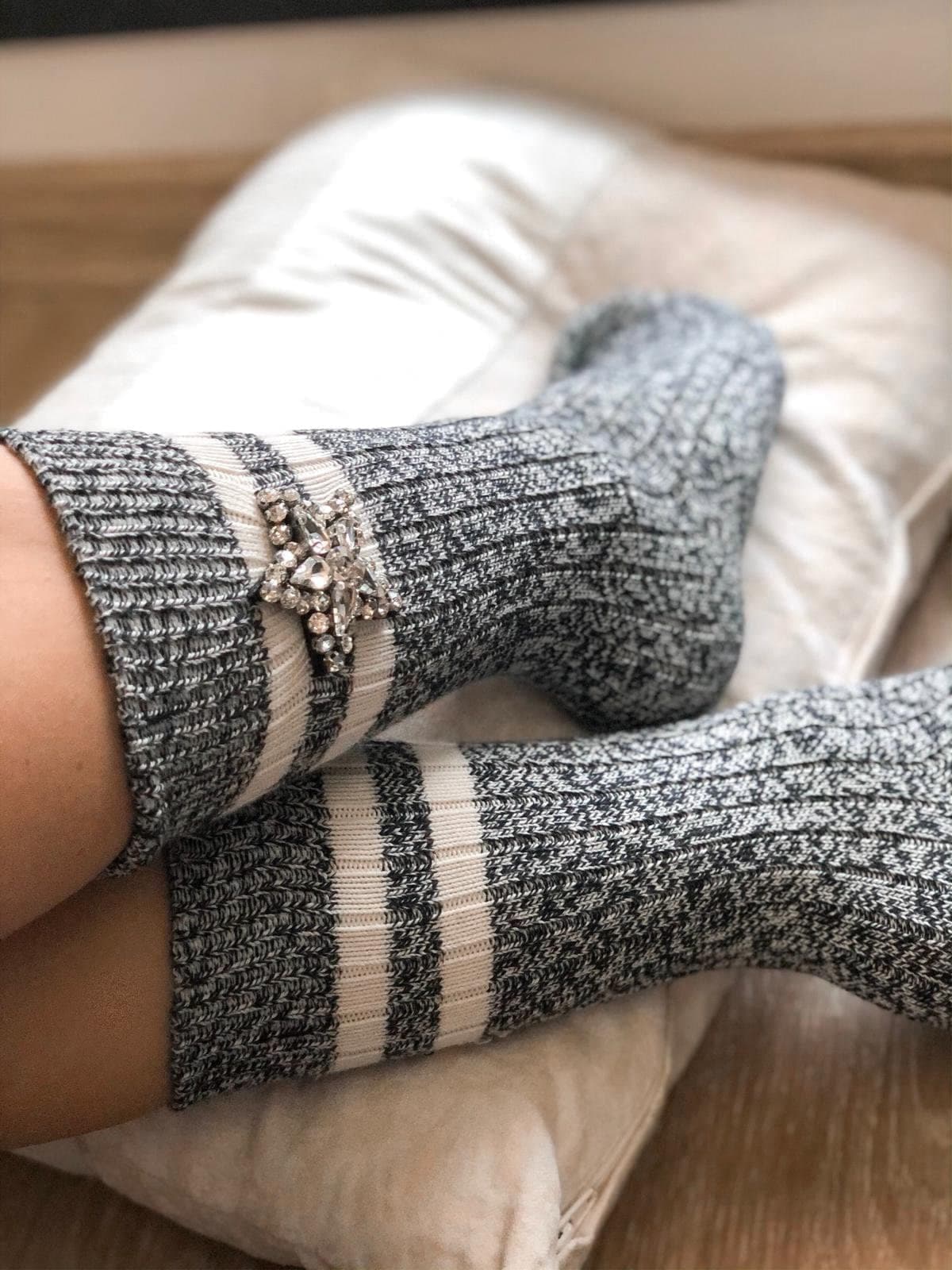 Gray and White Handmade Socks with Star-Shaped Patches and Sparkling Rhinestones - Perfect for Special Occasions!