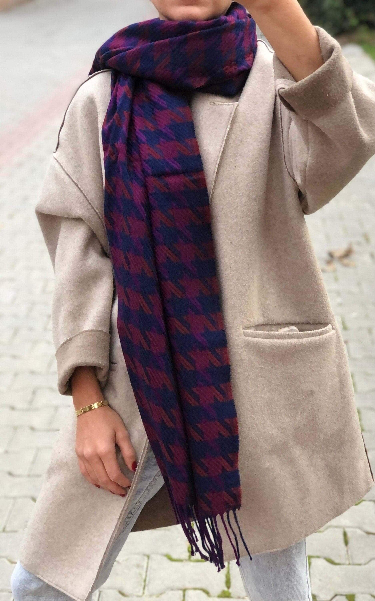 Long Wool Acrylic Cotton Shawl with Goose Foot Pattern - Perfect for Spring, Winter, and Autumn - Warm Women's Travel Blanket Scarf