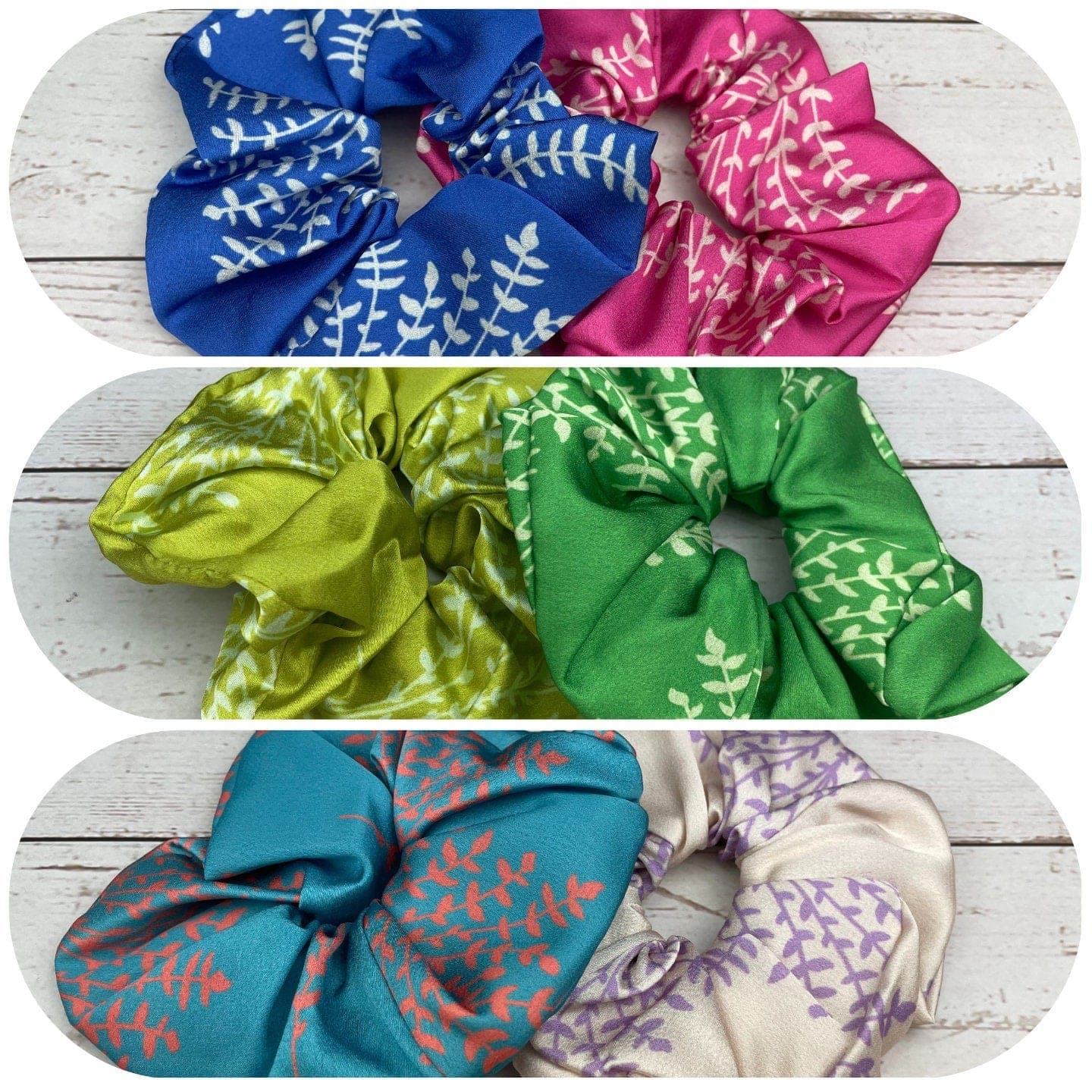 Handmade Colorful Satin Scrunchie with Bow, Pink Blue Green Leaf Pattern