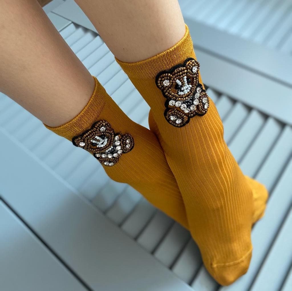 Handmade Mustard Bear Stone Cotton Socks with Trendy Mesh and Embellishments - Sparkle with Cute Novelty Brown Crystals