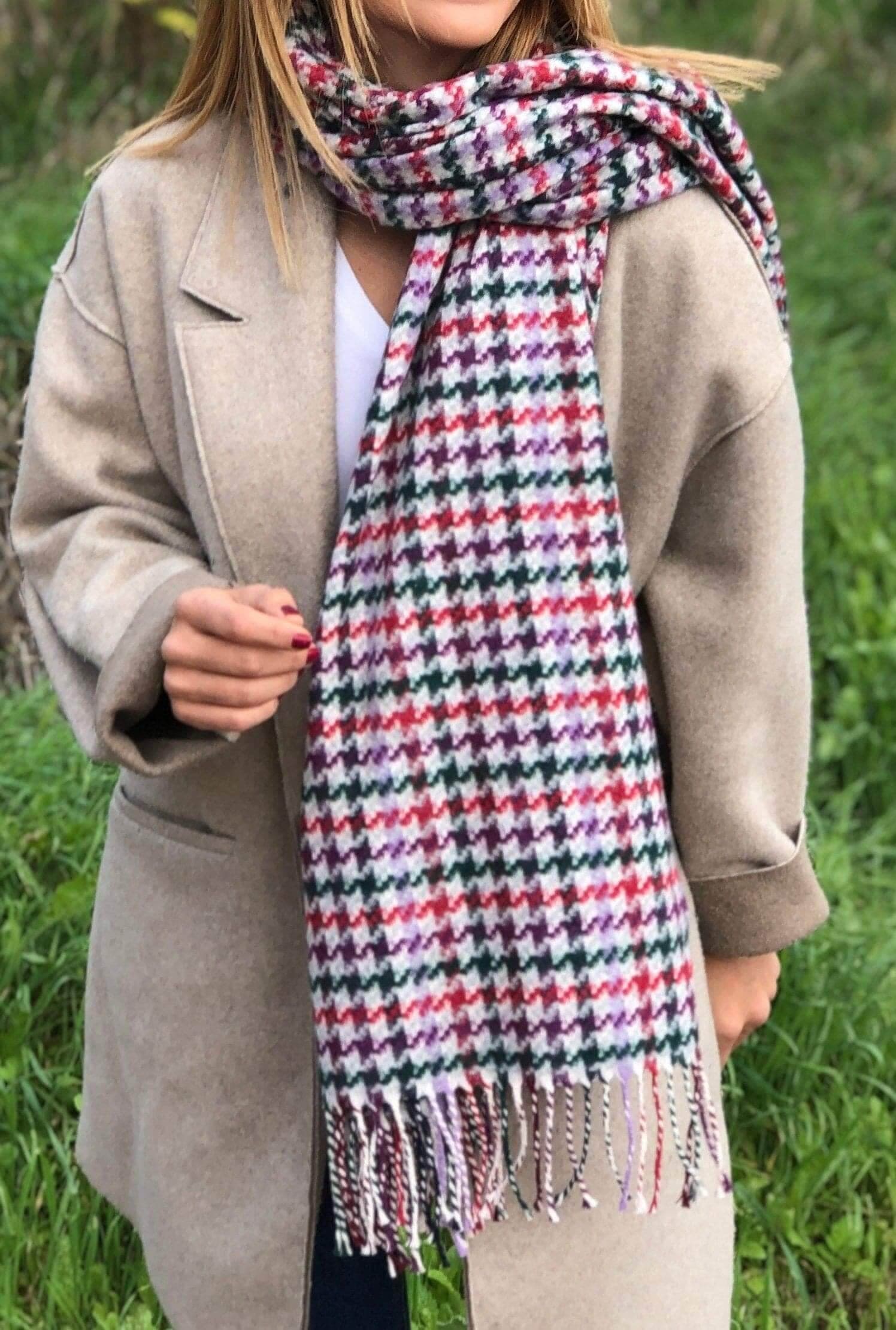 Long Wool Striped Woven Shawl in Purple, White, and Green - Stylish Autumn/Winter Scarf and Blanket for Women