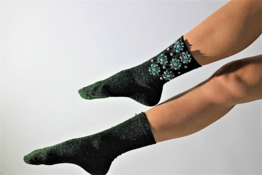 Handmade Green Flower Glitter Socks with Trendy Patches - Sparkle and Shine with Cute Novelty Crystal Socks